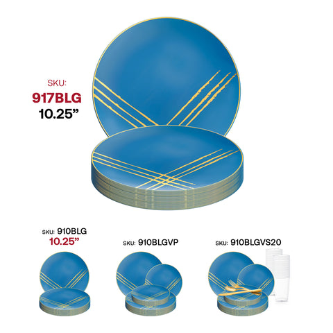 Blue with Gold Brushstroke Round Disposable Plastic Salad Plates (7.5