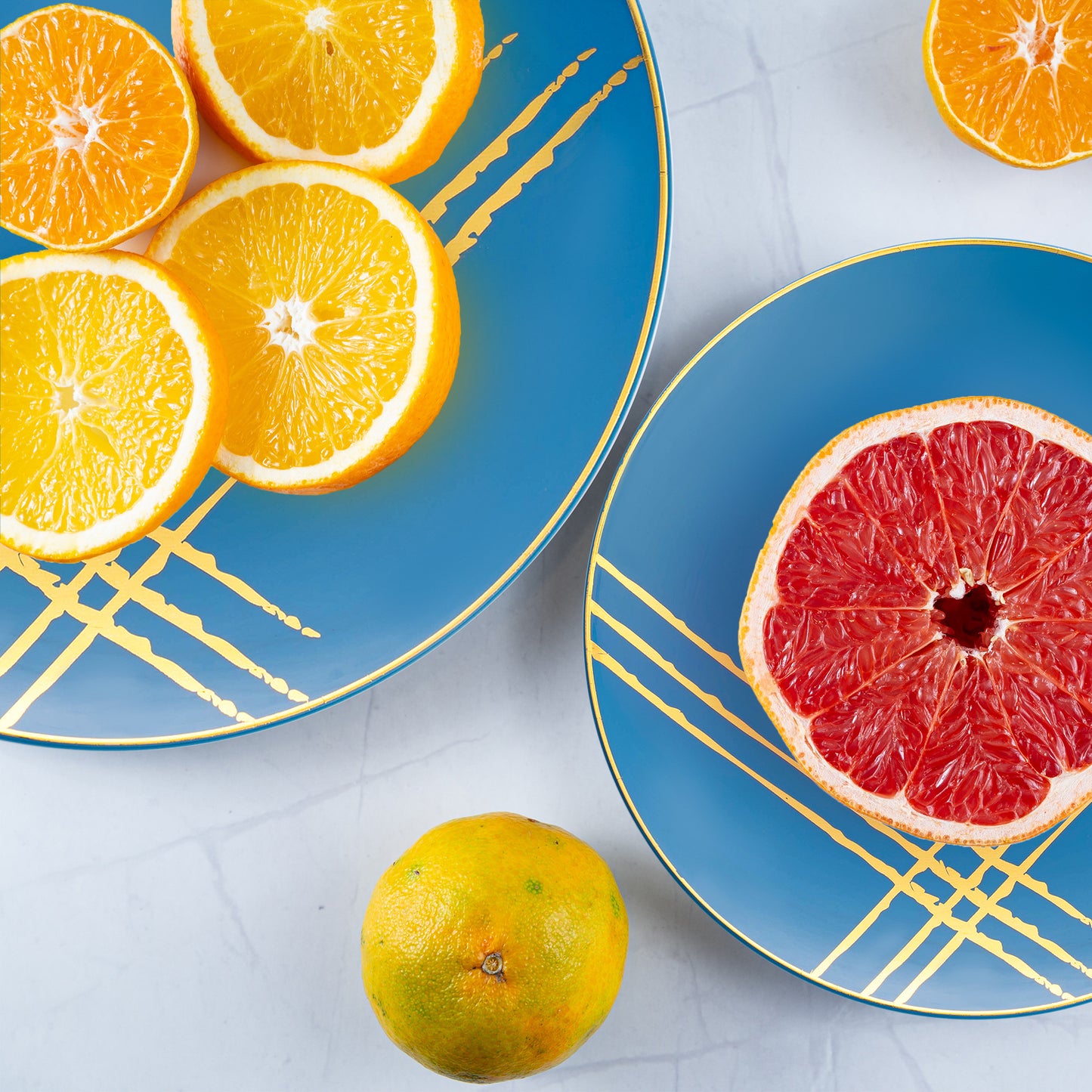 Blue with Gold Brushstroke Round Plastic Disposable Dinner Plates (10.25")