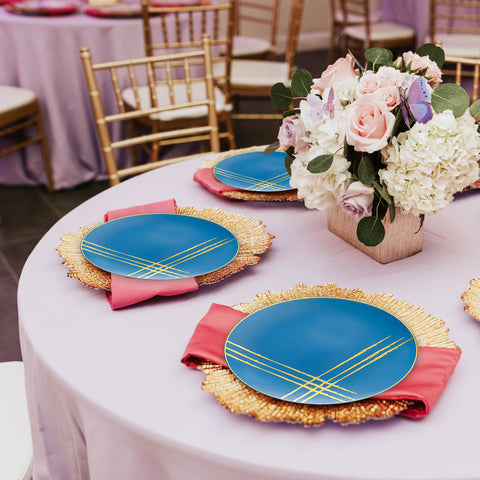 Blue with Gold Brushstroke Round Plastic Disposable Dinner Plates (10.25