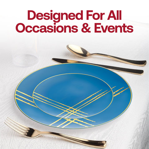 Blue with Gold Brushstroke Round Disposable Plastic Dinner Plates (10.25