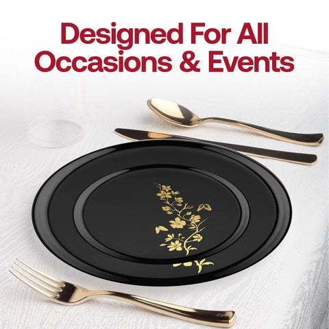 Black with Gold Floral Round Plastic Appetizer/Salad Plates (8.5