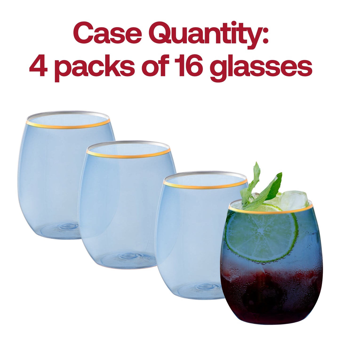 12 oz Clear Blue with Gold Elegant Stemless Plastic Wine Glasses