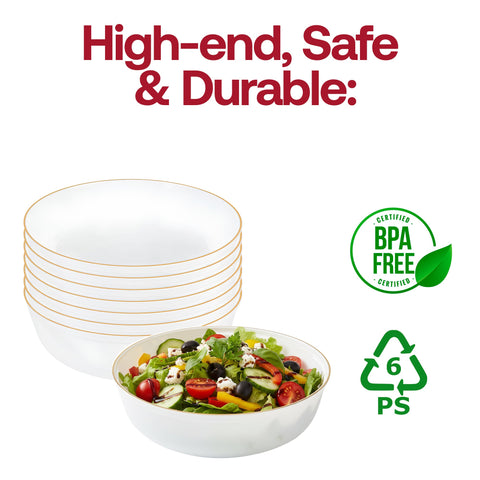 16 oz White with Gold Flat Plastic Soup Bowls
