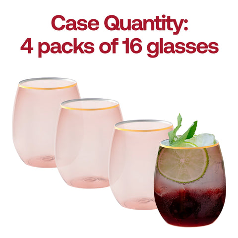 12 oz Clear Pink with Gold Elegant Stemless Plastic Wine Glasses