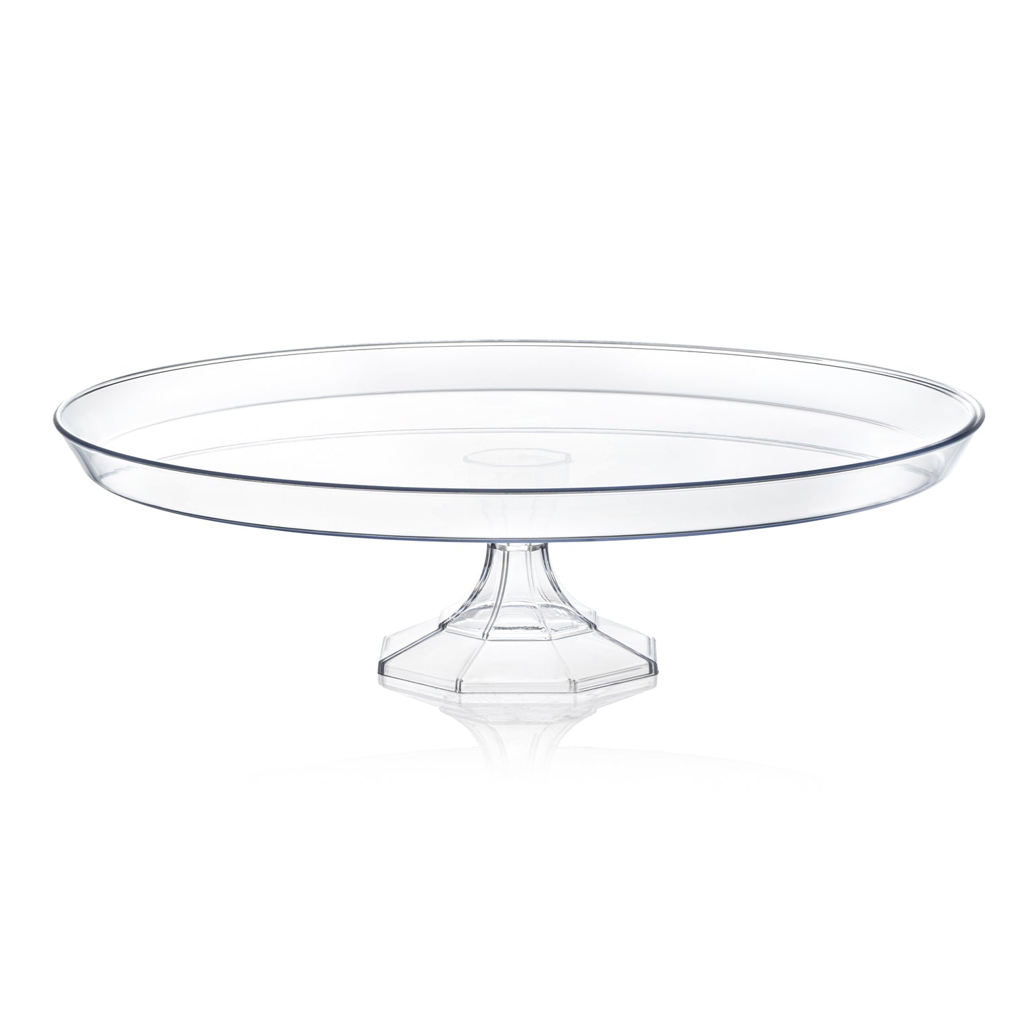 The 10.5" Clear Small Round Disposable Plastic Cake Stand features a wide, flat surface and a short pedestal base. Its simple and elegant design offers a stable platform for displaying cakes or other baked goods at any party. The stand reflects light, highlighting its transparency and clean lines.