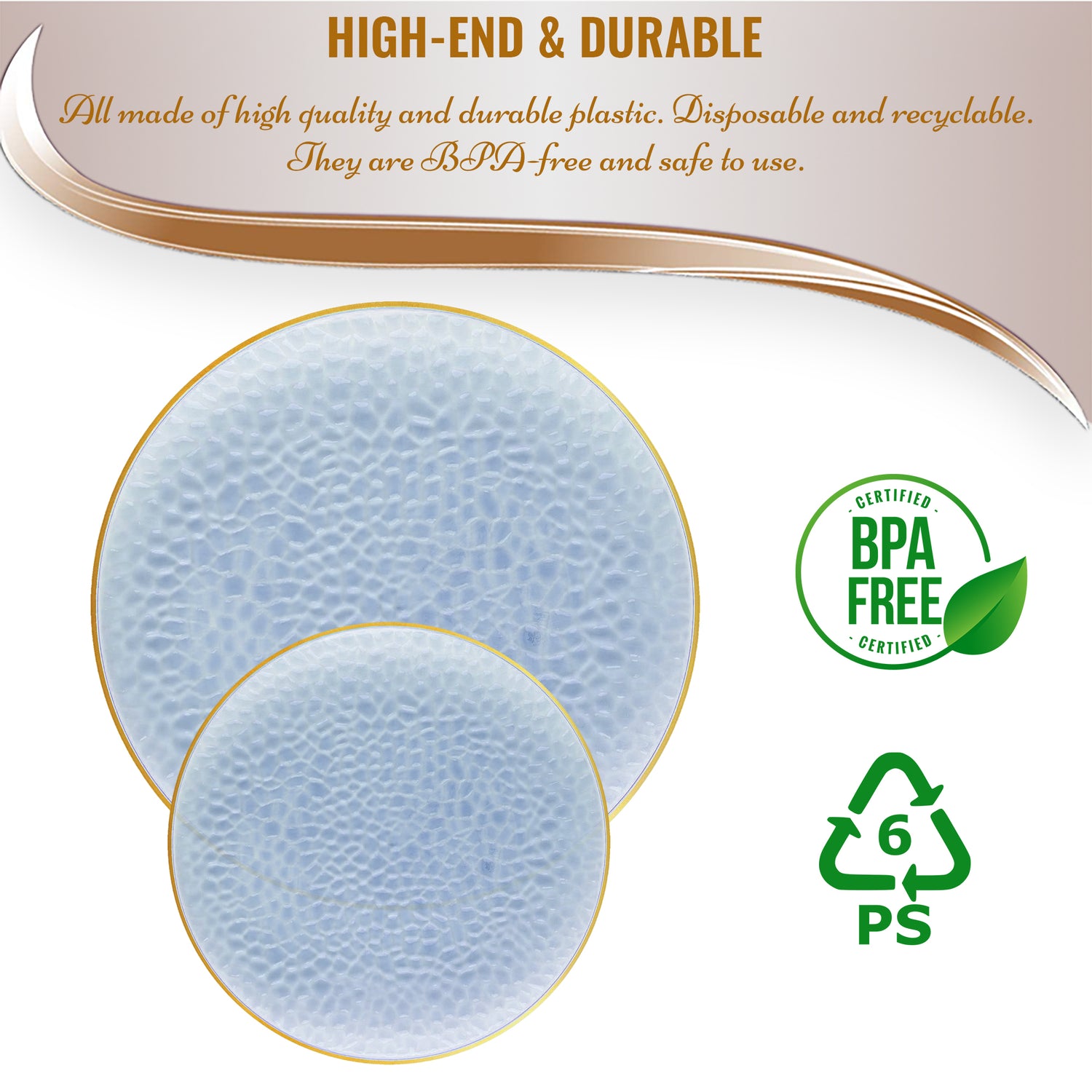 Image of two stylish Clear Blue with Gold Rim Hammered Glass Plastic Dinner Plates (10.25") against a white background. Text at the top reads "High-End & Durable." Other text includes "BPA Free," a recycling symbol with "6 PS," and descriptions stating these clear blue with gold plates are disposable, recyclable, and BPA-free.
