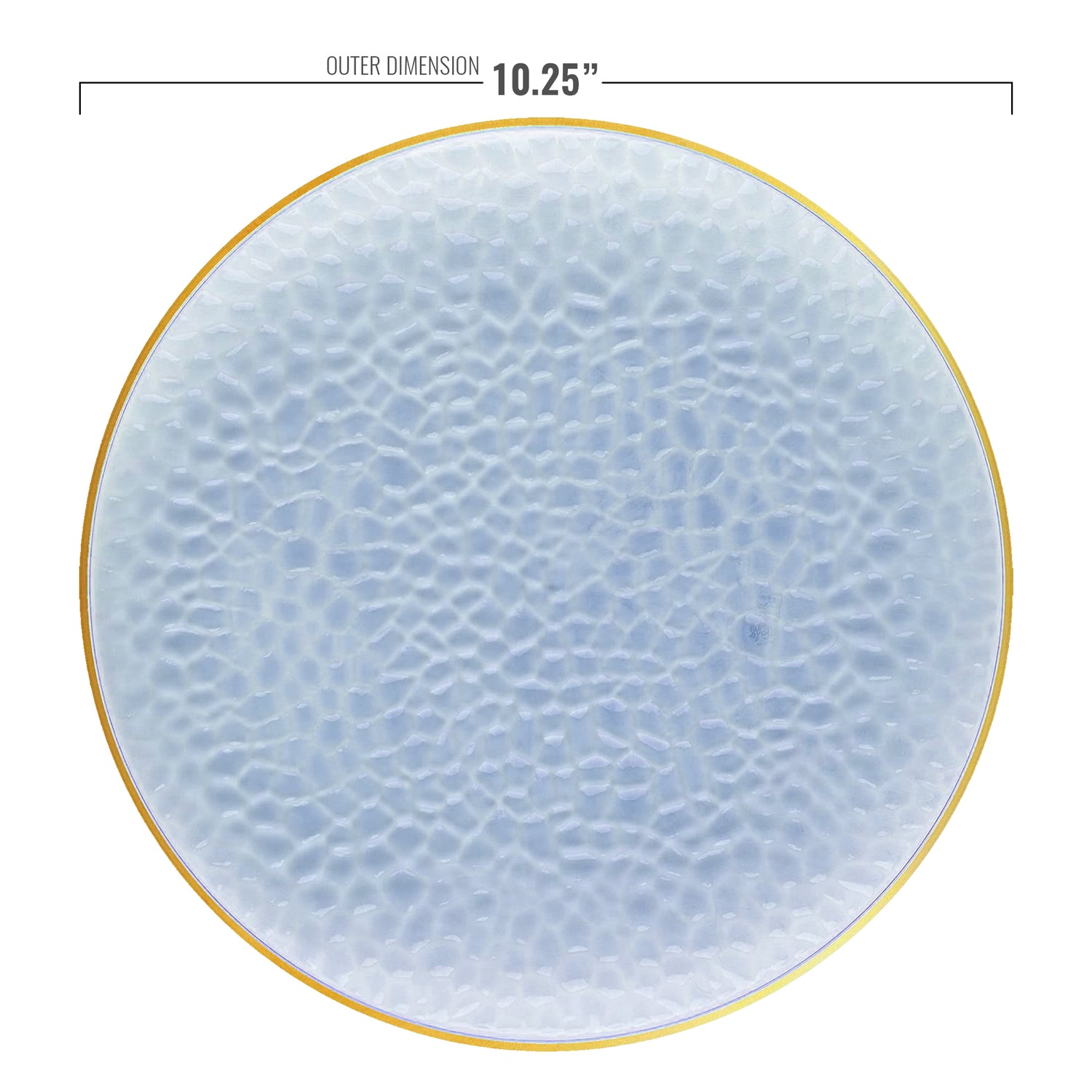 The Clear Blue with Gold Rim Hammered Glass Plastic Dinner Plates, measuring 10.25 inches in diameter, boast a round shape and textured design. These elegant disposable plates add a touch of sophistication to any event, combining the convenience of disposable plastic dinnerware with an upscale aesthetic.