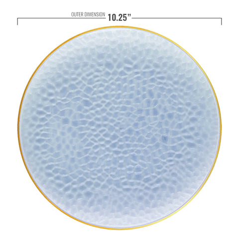The Clear Blue with Gold Rim Hammered Glass Plastic Dinner Plates, measuring 10.25 inches in diameter, boast a round shape and textured design. These elegant disposable plates add a touch of sophistication to any event, combining the convenience of disposable plastic dinnerware with an upscale aesthetic.