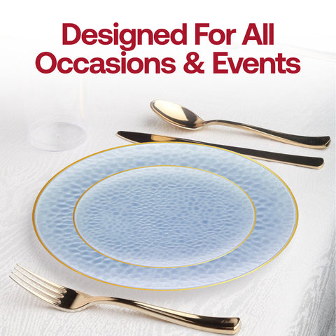 Clear Blue with Gold Rim Hammered Glass Plastic Dinner Plates (10.25