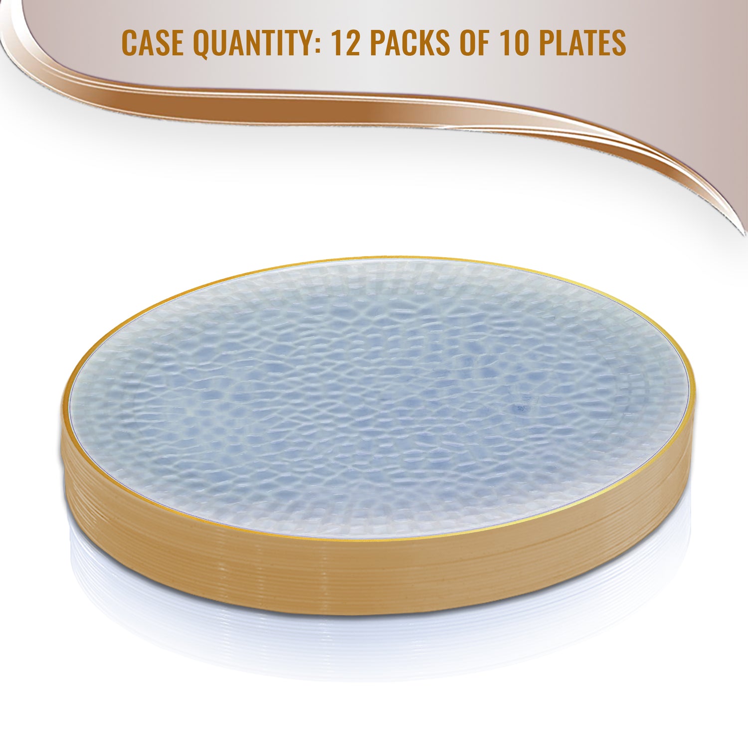 A product image of elegant disposable plates showcasing a round design with a clear blue, hammered surface and a gold rim. The package quantity text at the top of the image states: "CASE QUANTITY: 12 PACKS OF 10 PLATES." Name: Clear Blue with Gold Rim Hammered Glass Plastic Dinner Plates (10.25").