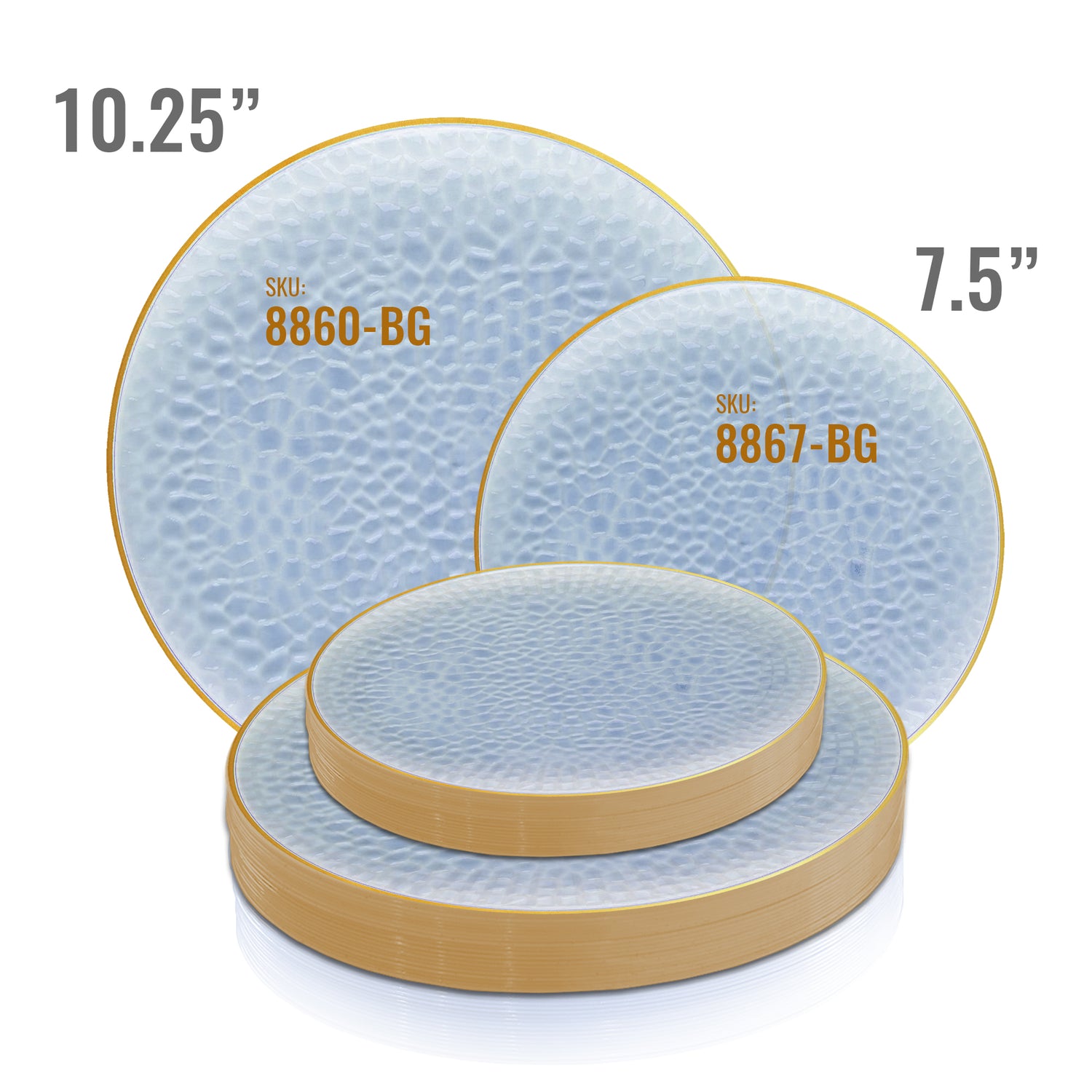 Three circular, textured plates are displayed. The largest plate, a Clear Blue with Gold Rim Hammered Glass Plastic Dinner Plate, has a diameter of 10.25 inches (SKU: 8860-BG), while the smaller plates have a diameter of 7.5 inches (SKU: 8867-BG). These elegant disposable plates feature a blue, mottled surface with a gold rim, perfect for any occasion.