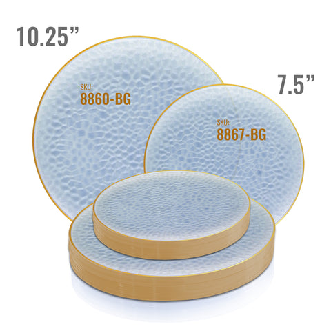 Three circular, textured plates are displayed. The largest plate, a Clear Blue with Gold Rim Hammered Glass Plastic Dinner Plate, has a diameter of 10.25 inches (SKU: 8860-BG), while the smaller plates have a diameter of 7.5 inches (SKU: 8867-BG). These elegant disposable plates feature a blue, mottled surface with a gold rim, perfect for any occasion.