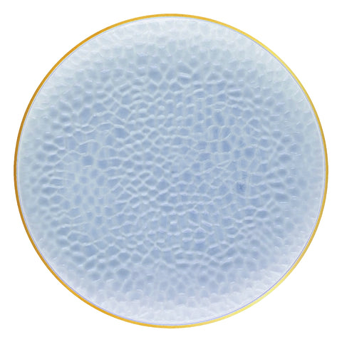 A clear blue dinner plate with a hammered glass texture and a thin gold rim around the edge. This elegant disposable plate offers a clean and sophisticated look, perfect for any occasion.
