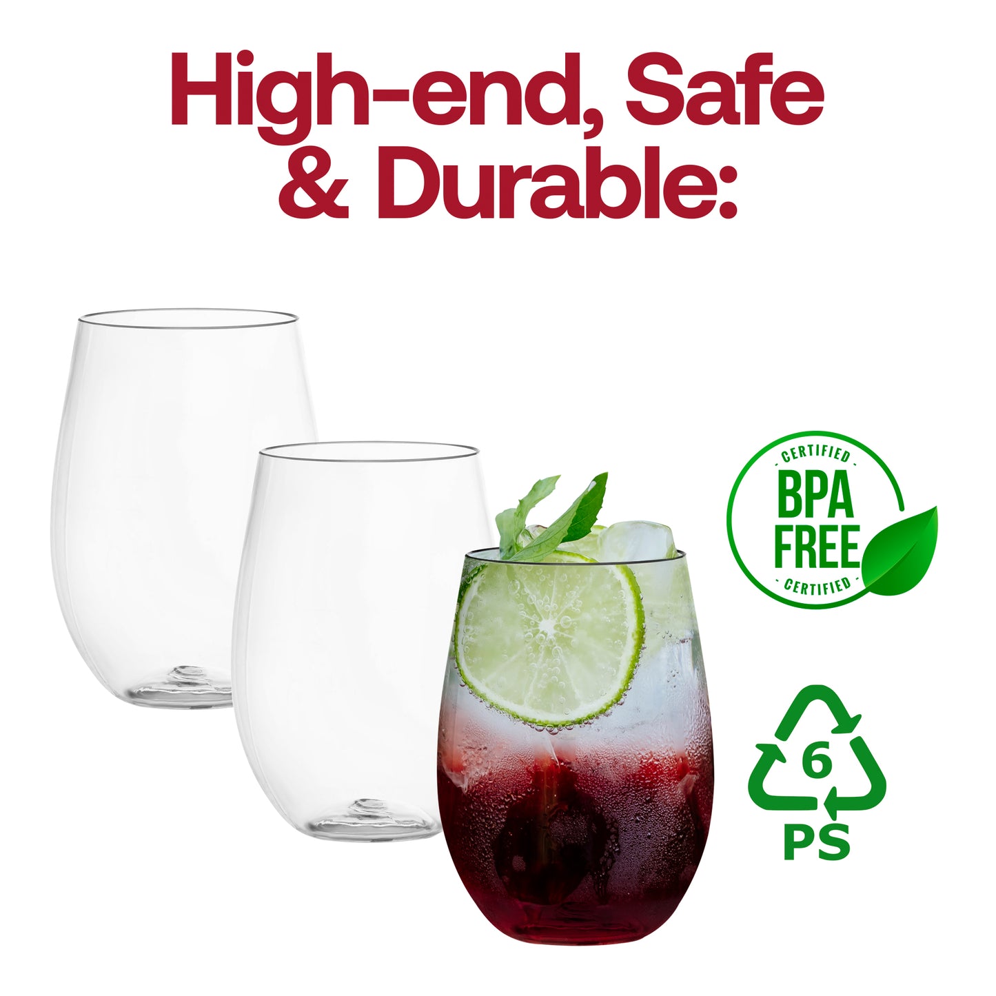 16 oz. Clear Stemless Disposable Plastic Wine Glasses