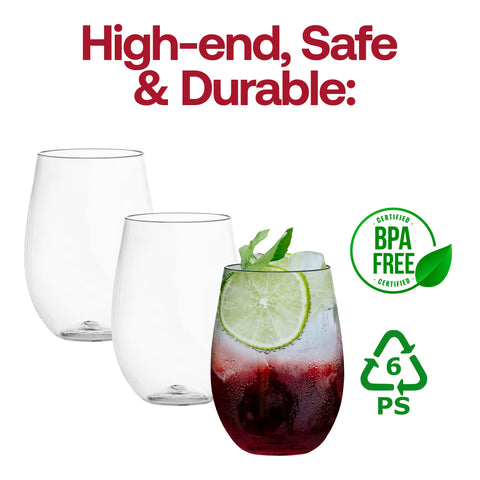 16 oz. Clear Stemless Disposable Plastic Wine Glasses