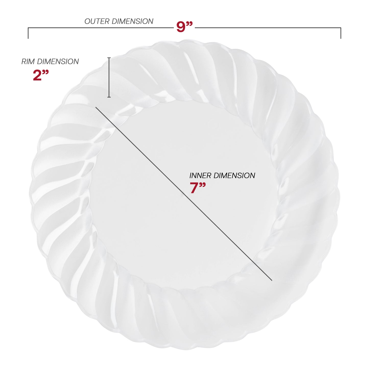 Clear Flair Plastic Buffet Plates (9") Dimension | The Kaya Collection