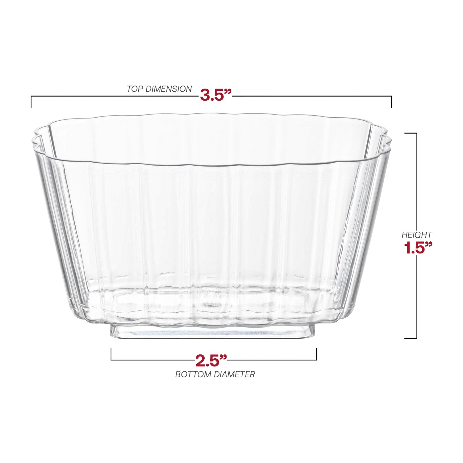 5.5 oz. Clear Fluted Rectangular Plastic Disposable Pudding Cups Dimension | The Kaya Collection