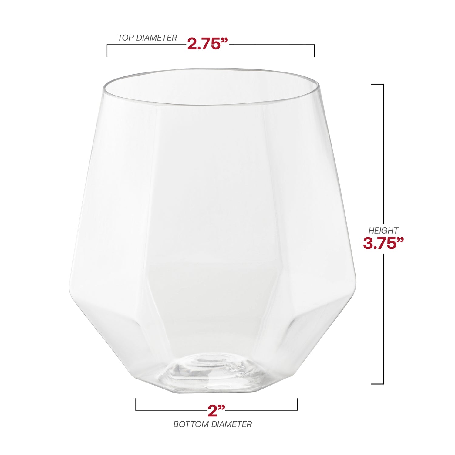 12 oz. Clear Hexagonal Stemless Plastic Wine Goblets Dimension | The Kaya Collection