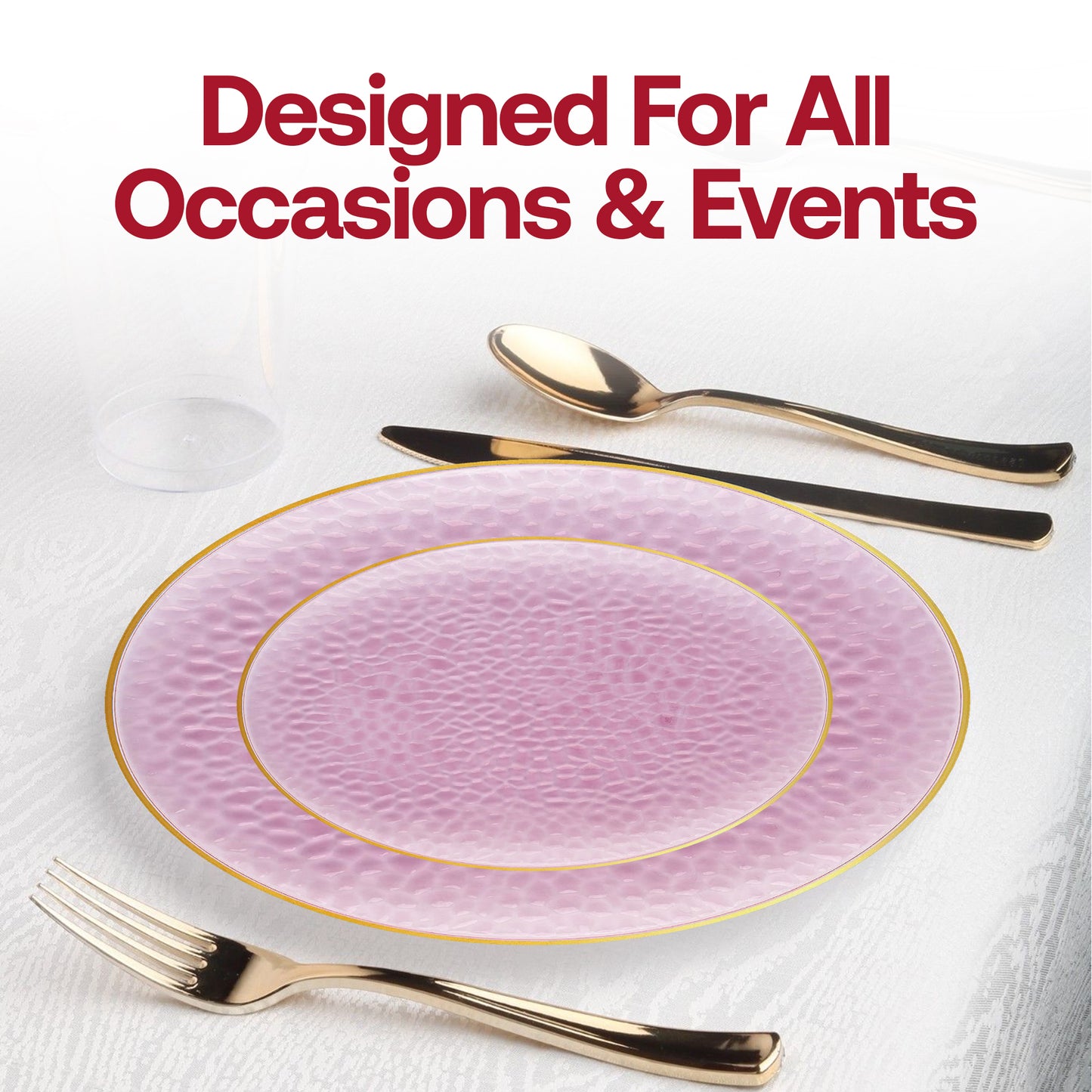 Clear Pink with Gold Rim Hammered Glass Plastic Dinner Plates (10.25")
