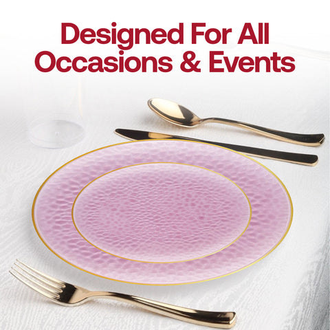 Clear Pink with Gold Rim Hammered Glass Plastic Dinner Plates (10.25