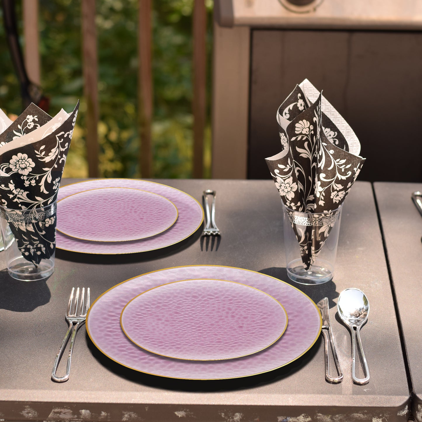 Clear Pink with Gold Rim Hammered Glass Plastic Dinner Plates (10.25")