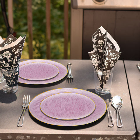 Clear Pink with Gold Rim Hammered Glass Plastic Dinner Plates (10.25