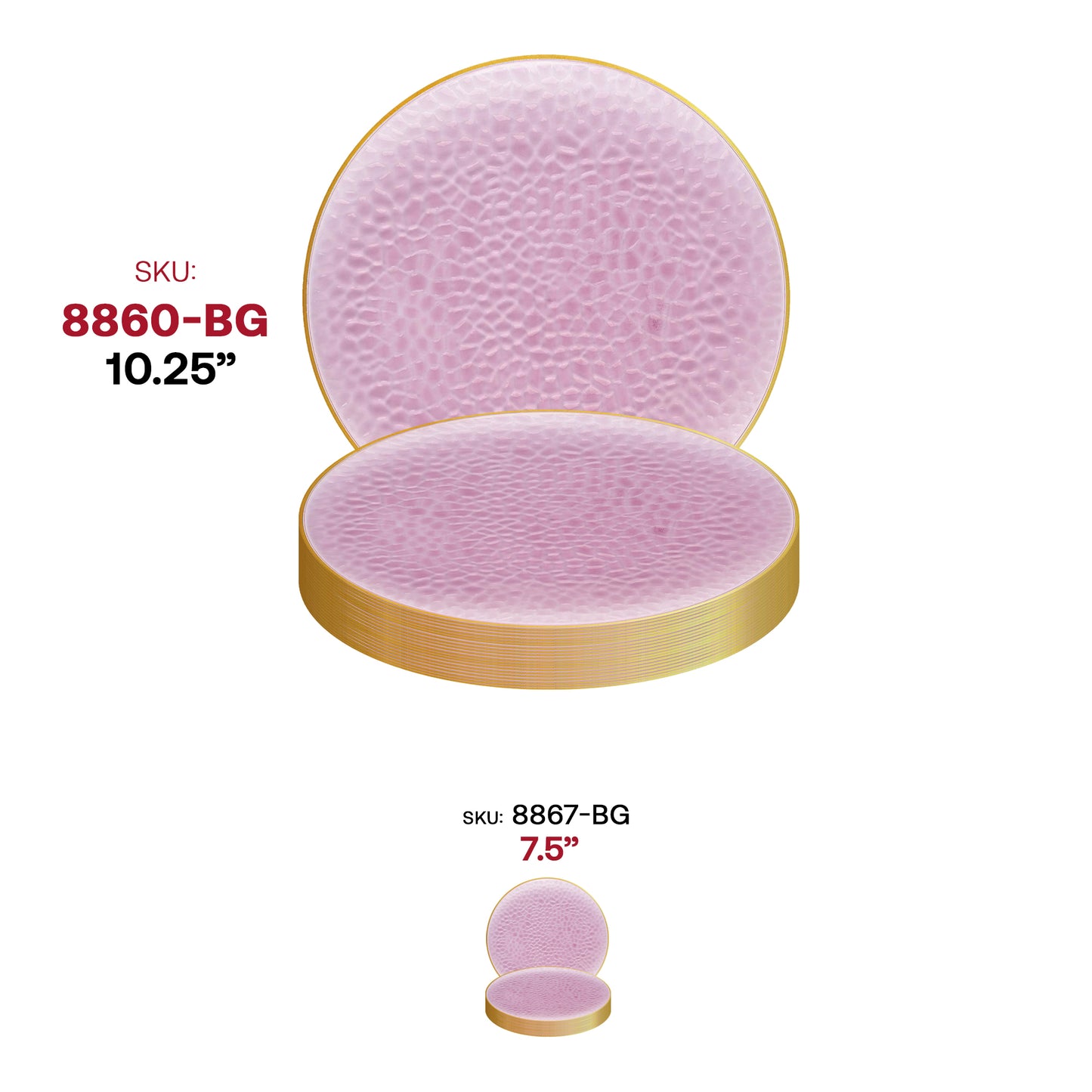 Clear Pink with Gold Rim Hammered Glass Plastic Dinner Plates (10.25")