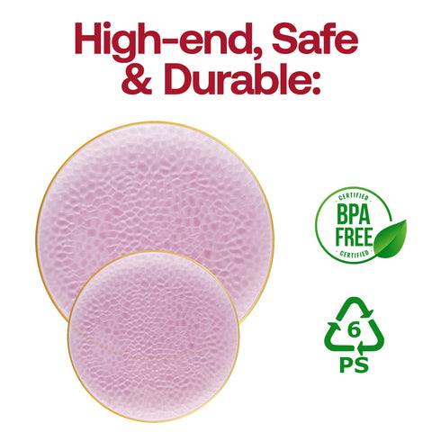 Clear Pink with Gold Rim Hammered Glass Plastic Appetizer/Salad Plates (7.5