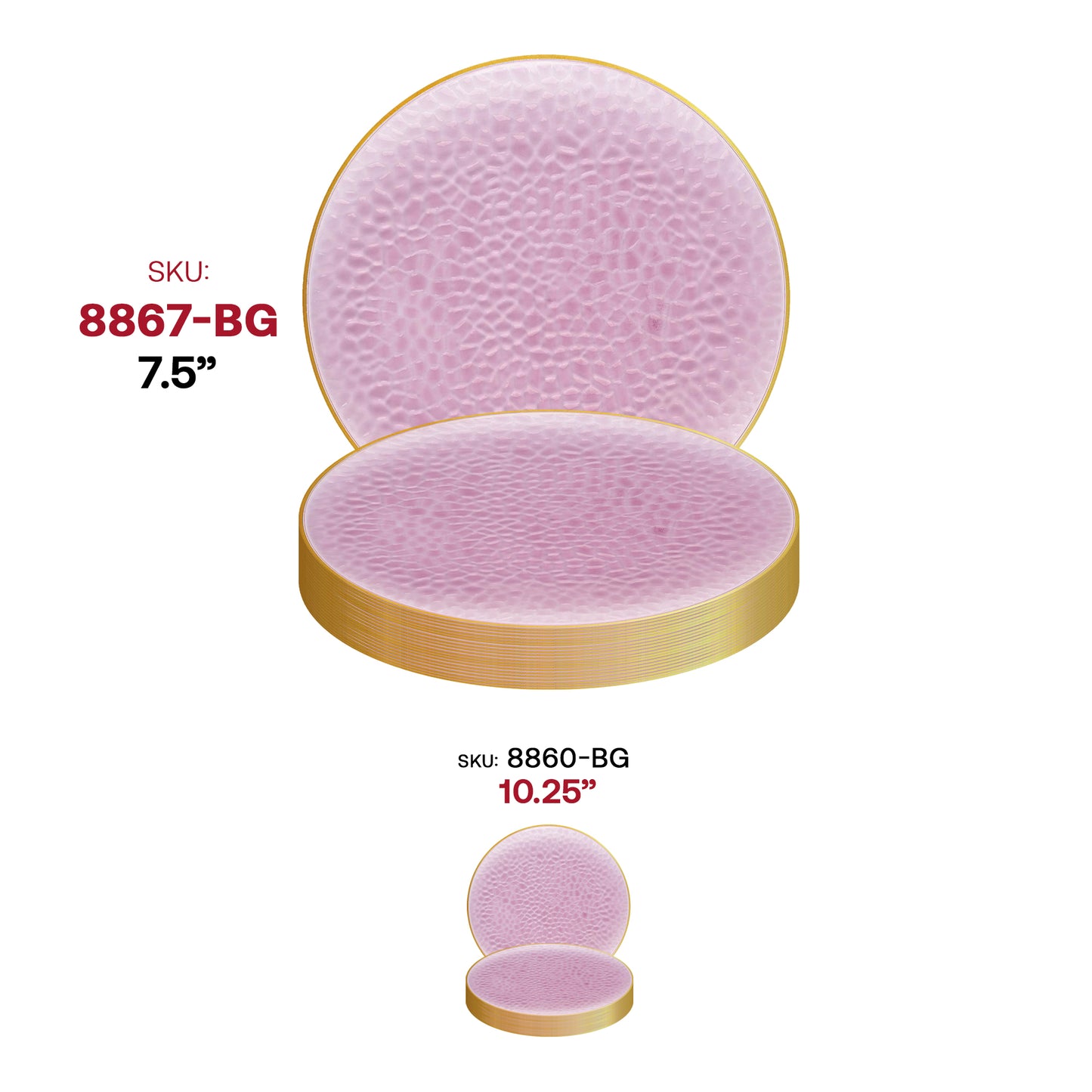 Clear Pink with Gold Rim Hammered Glass Plastic Appetizer/Salad Plates (7.5")