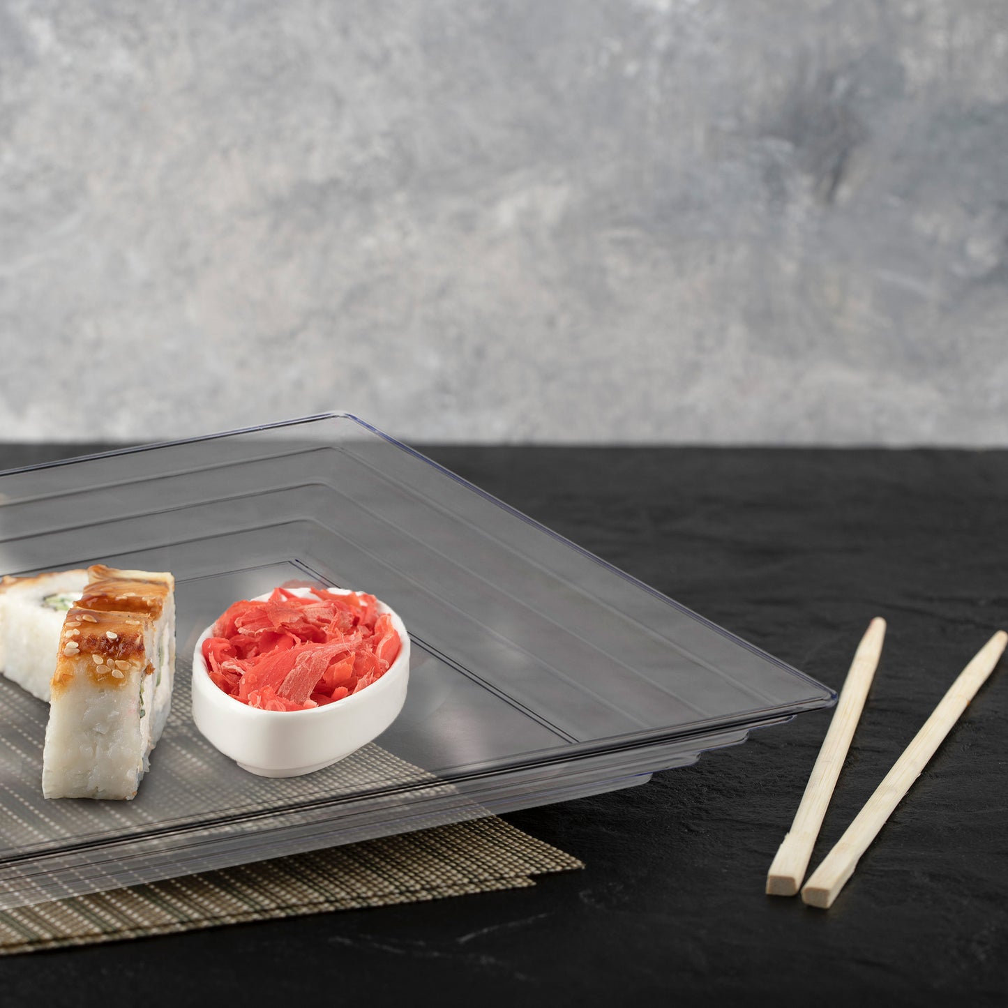 16" x 16" Clear Square with Groove Rim Disposable Plastic Serving Trays
