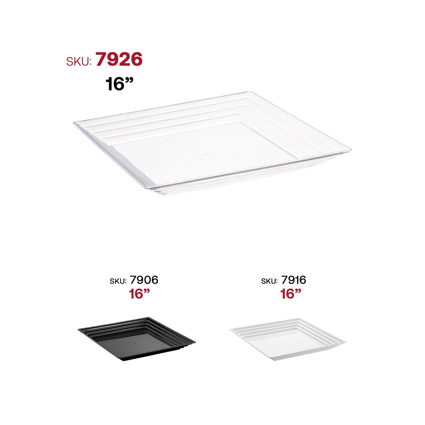 16" x 16" Clear Square with Groove Rim Disposable Plastic Serving Trays