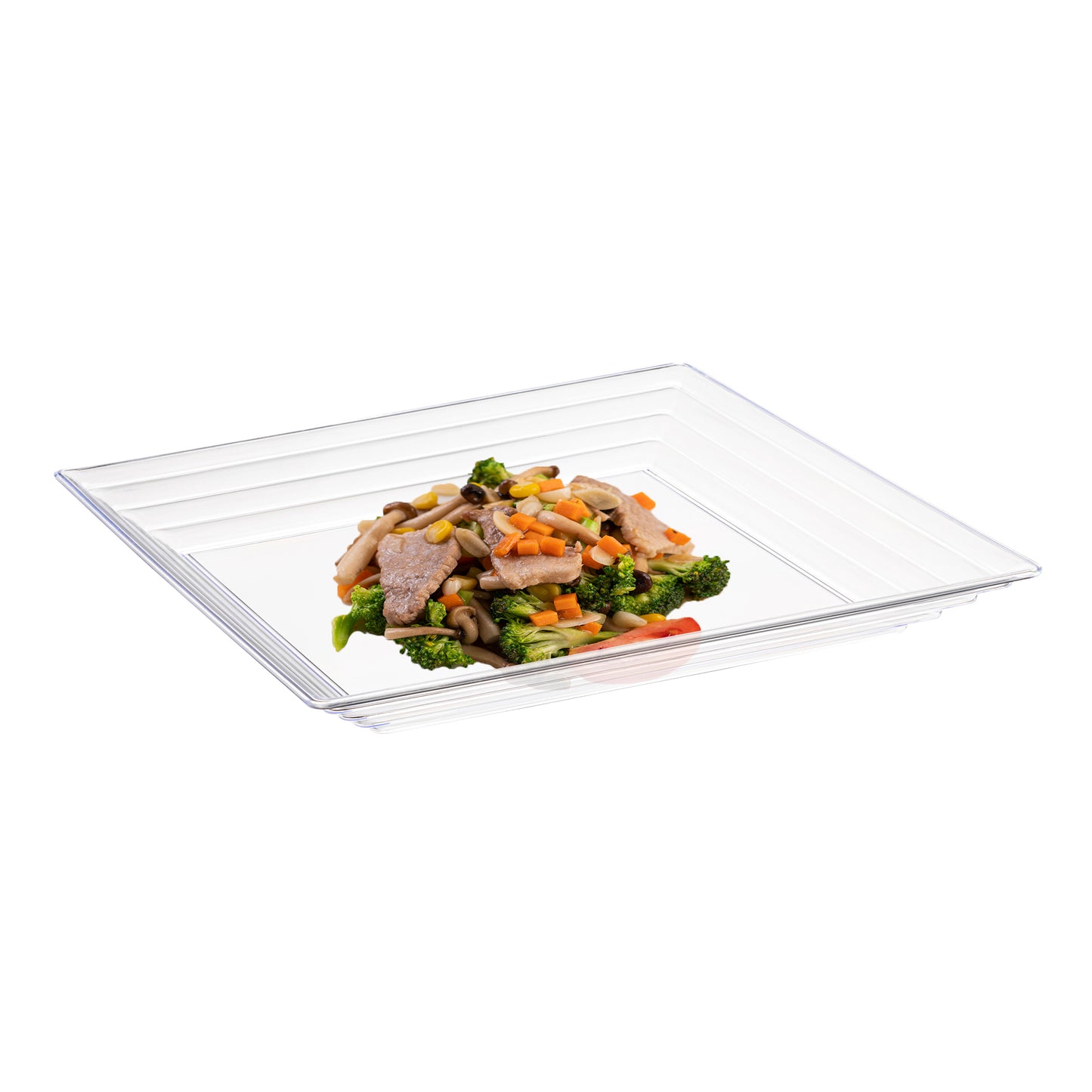 16" x 16" Clear Square with Groove Rim Disposable Plastic Serving Trays
