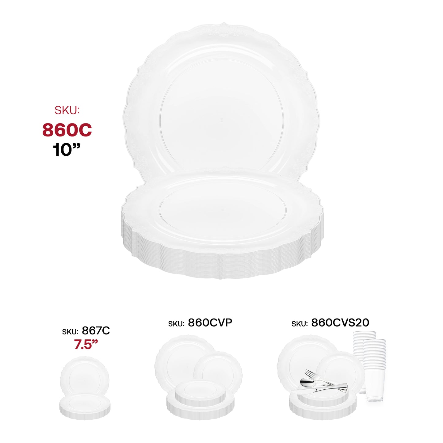 Clear Vintage Round Plastic Disposable Dinner Plates (10")