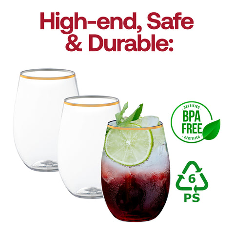 16 oz. Clear with Gold Stemless Disposable Plastic Wine Glasses BPA | The Kaya Collection