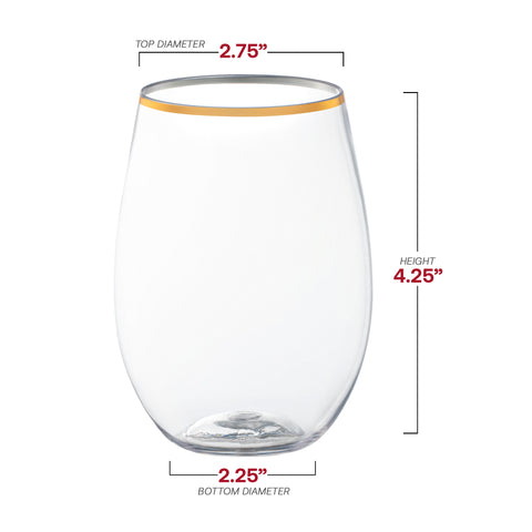16 oz. Clear with Gold Stemless Disposable Plastic Wine Glasses Dimension | The Kaya Collection