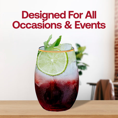 16 oz. Clear with Gold Stemless Disposable Plastic Wine Glasses Lifestyle | The Kaya Collection