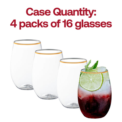 16 oz. Clear with Gold Stemless Disposable Plastic Wine Glasses Quantity | The Kaya Collection