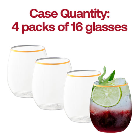 Clear with Gold Elegant Stemless Plastic Wine Glasses | The Kaya Collection