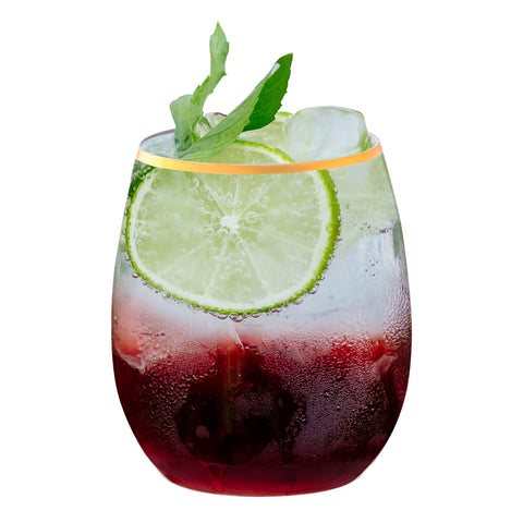 Clear with Gold Elegant Stemless Plastic Wine Glasses | The Kaya Collection