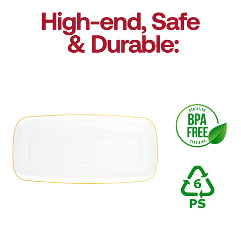 Clear with Gold Rim Flat Raised Edge Rectangular Plastic Plates (10.6