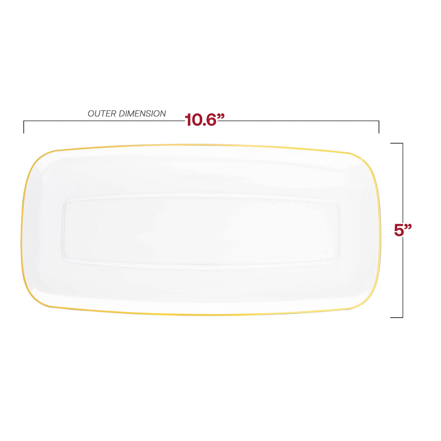 Clear with Gold Rim Flat Raised Edge Rectangular Plastic Plates (10.6" x 5")