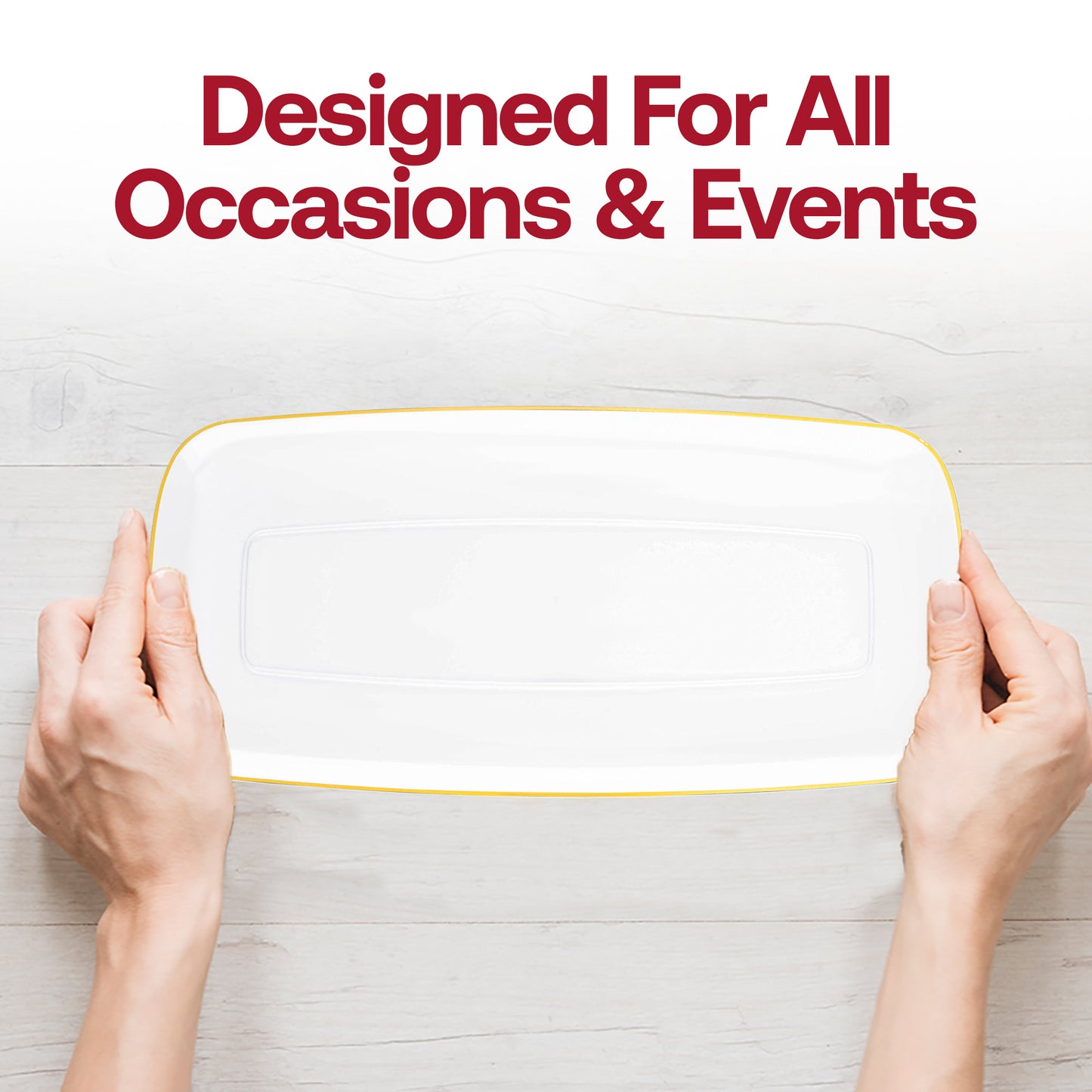 Clear with Gold Rim Flat Raised Edge Rectangular Plastic Plates (10.6" x 5")