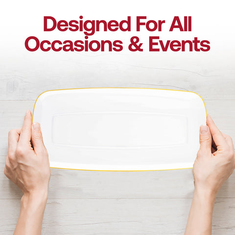 Clear with Gold Rim Flat Raised Edge Rectangular Plastic Plates (10.6