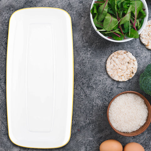 Clear with Gold Rim Flat Raised Edge Rectangular Plastic Plates (10.6