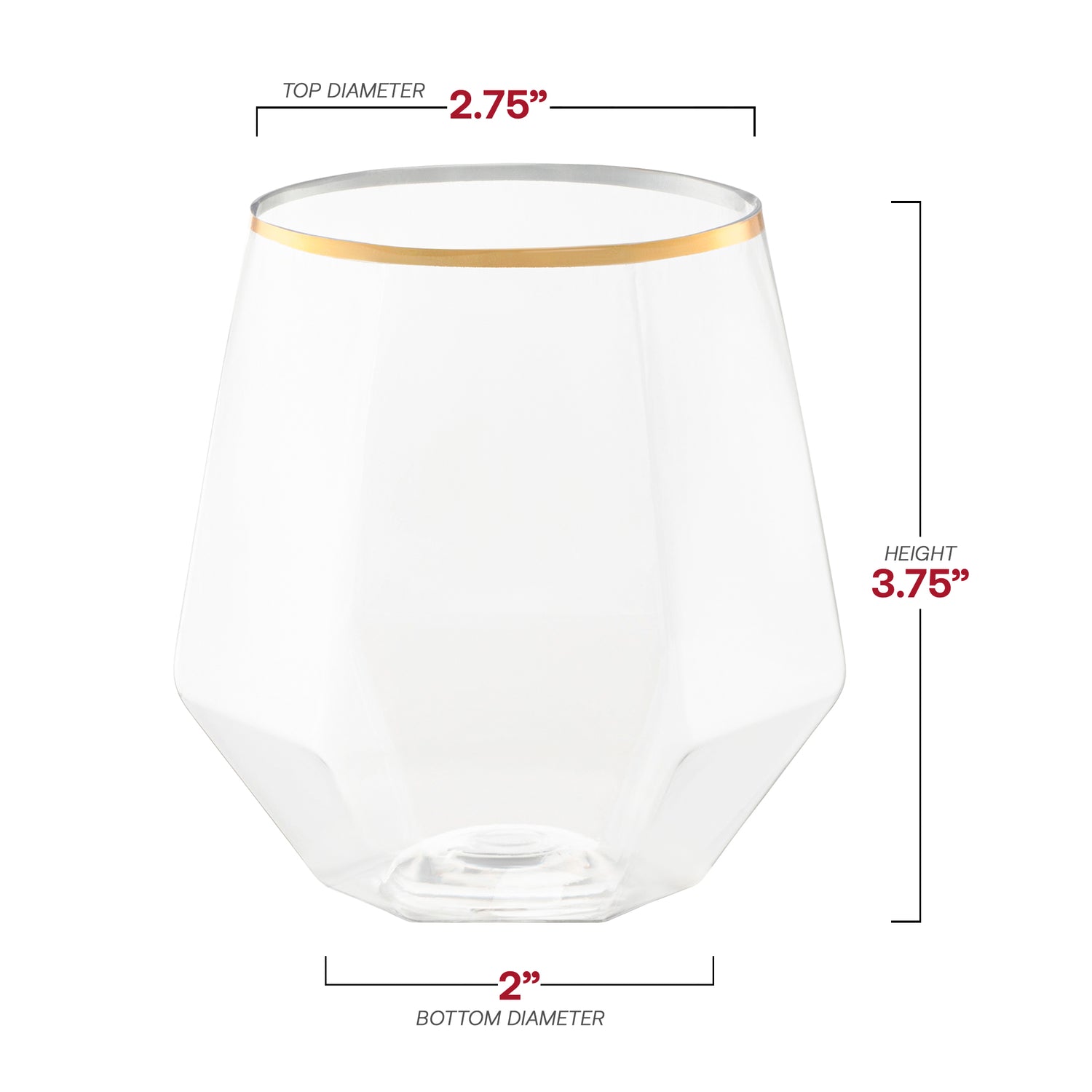 12 oz. Clear with Gold Rim Hexagonal Stemless Plastic Wine Goblets Dimension | The Kaya Collection