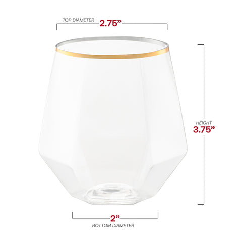 12 oz. Clear with Gold Rim Hexagonal Stemless Plastic Wine Goblets Dimension | The Kaya Collection