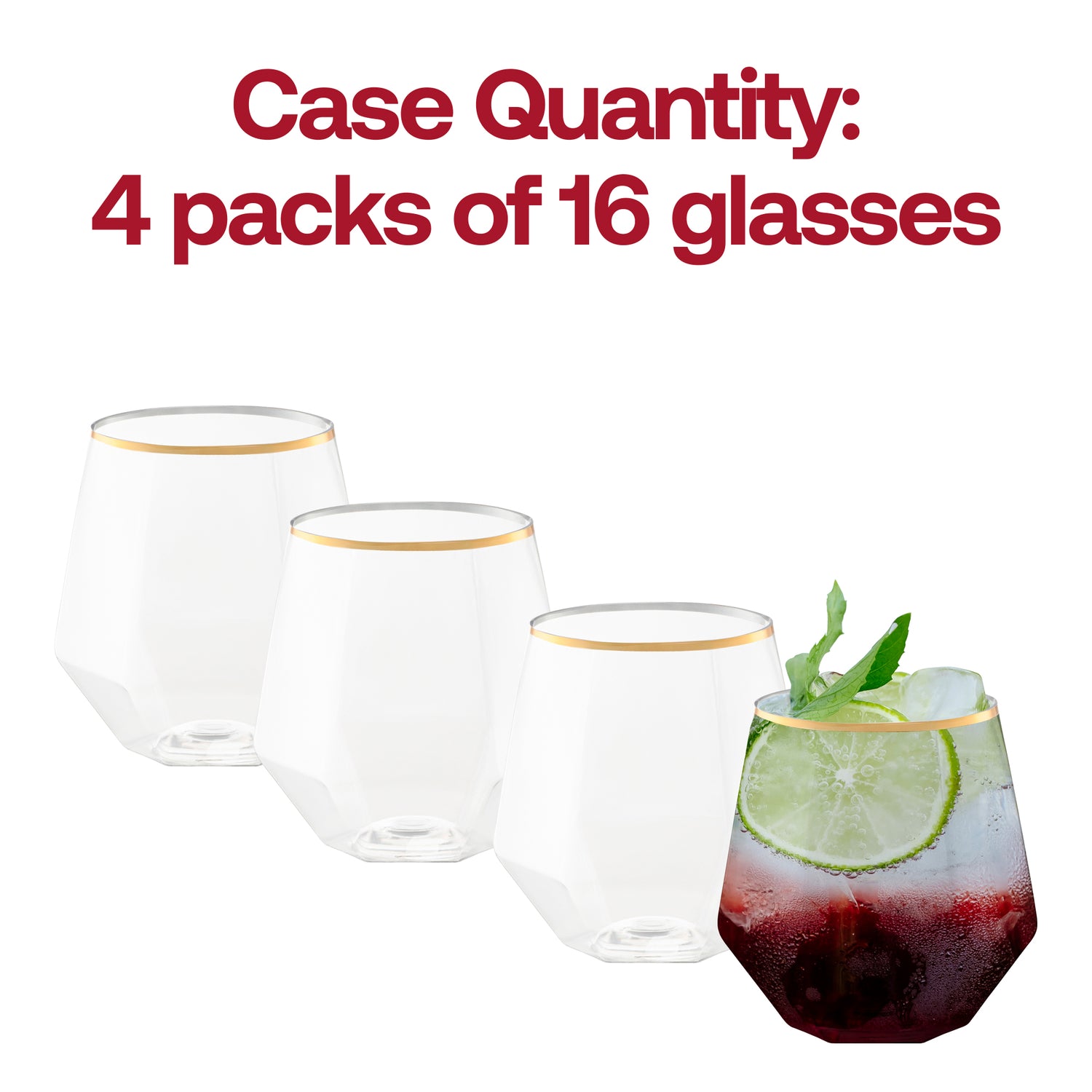 12 oz. Clear with Gold Rim Hexagonal Stemless Plastic Wine Goblets Quantity | The Kaya Collection