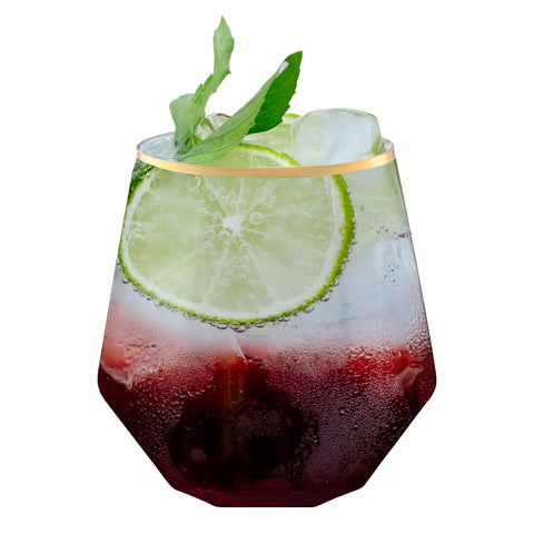 12 oz. Clear with Gold Rim Hexagonal Stemless Plastic Wine Goblets Secondary | The Kaya Collection