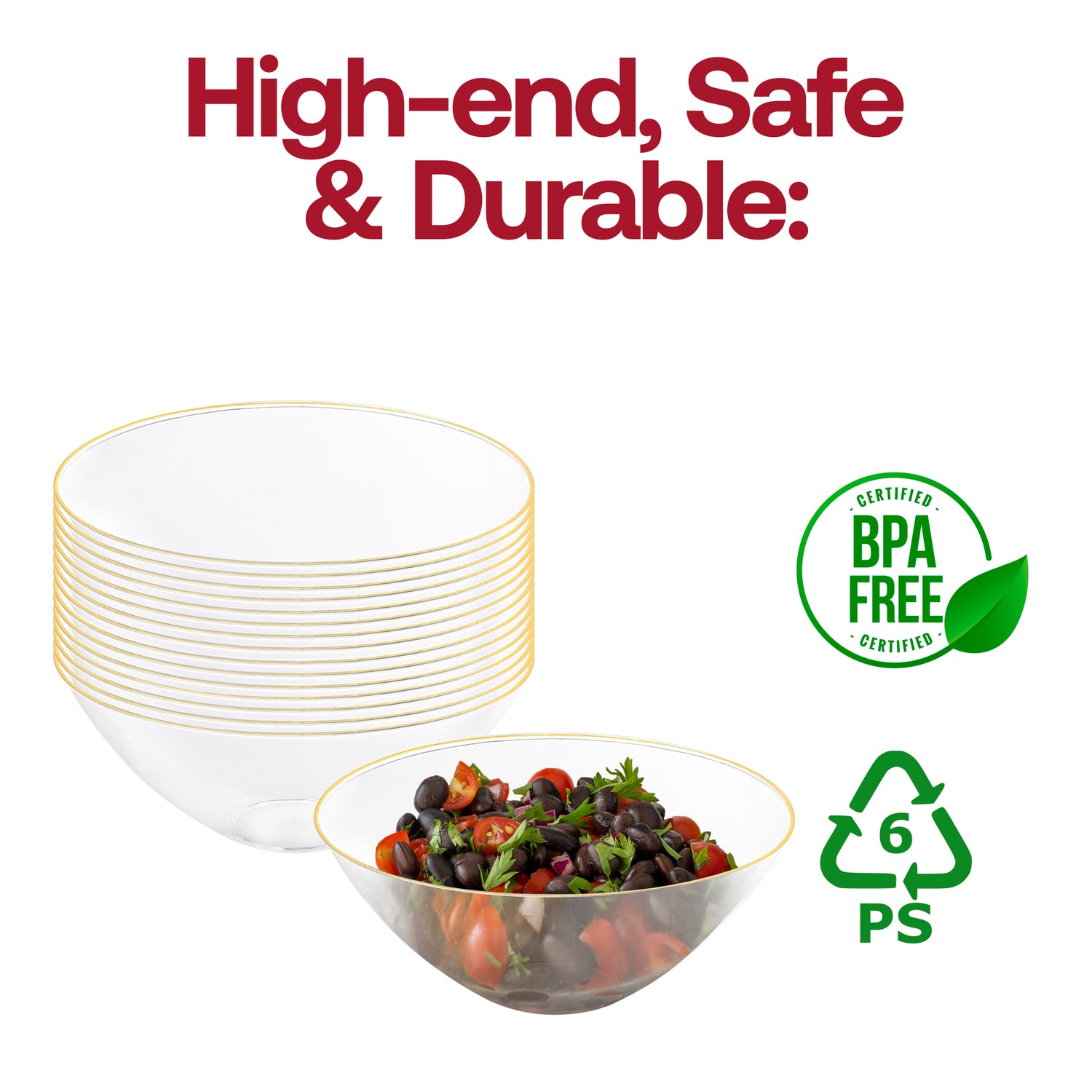 Clear with Gold Rim Organic Round Plastic Bowls (32 oz.) BPA | The Kaya Collection