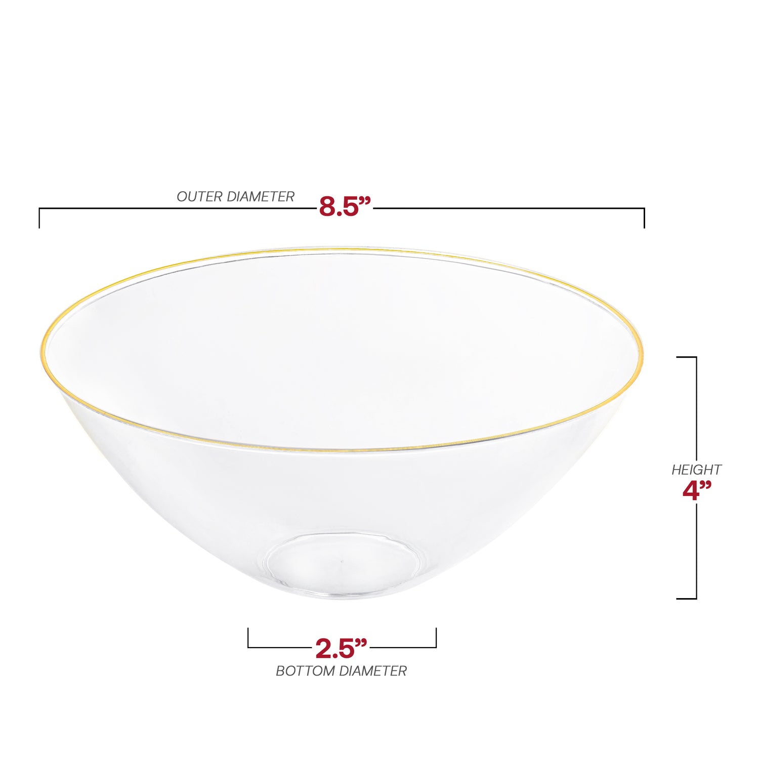 Clear with Gold Rim Organic Round Plastic Bowls (32 oz.) Dimension | The Kaya Collection